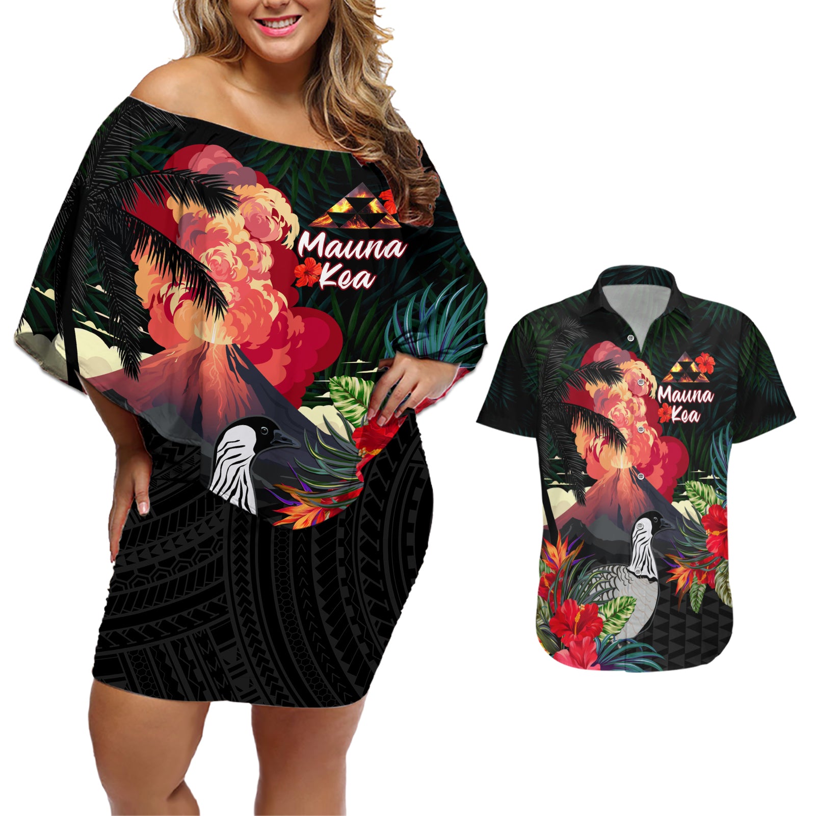 Hawaii Mauna Kea Couples Matching Off Shoulder Short Dress and Hawaiian Shirt White Mountain With Nene Tropical Vibes LT14 Black - Polynesian Pride