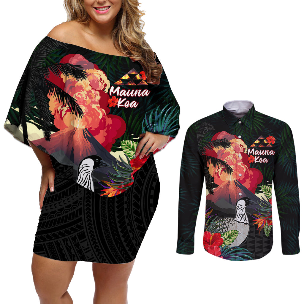 Hawaii Mauna Kea Couples Matching Off Shoulder Short Dress and Long Sleeve Button Shirt White Mountain With Nene Tropical Vibes LT14 Black - Polynesian Pride