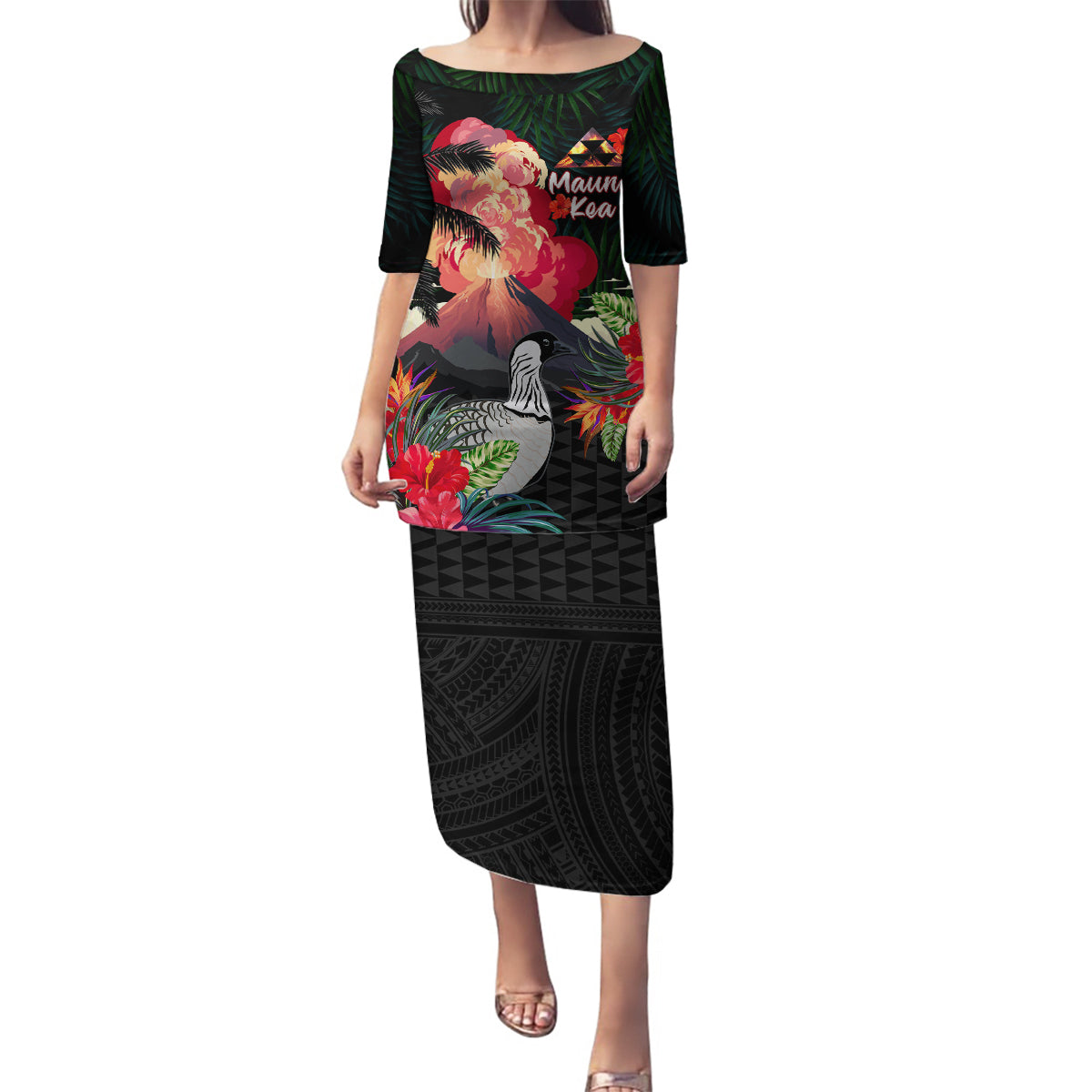 Hawaii Mauna Kea Family Matching Puletasi and Hawaiian Shirt White Mountain With Nene Tropical Vibes LT14 Mom's Dress Black - Polynesian Pride