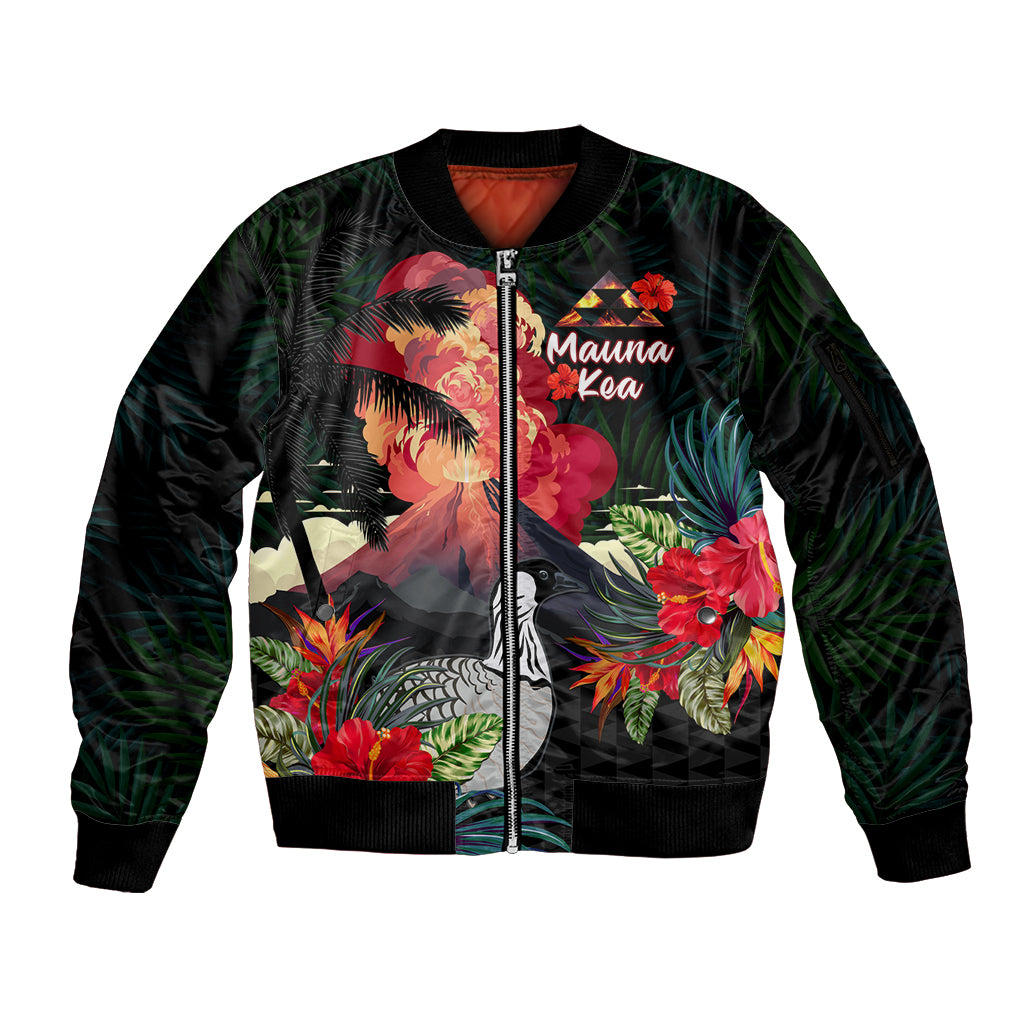 Hawaii Mauna Kea Sleeve Zip Bomber Jacket White Mountain With Nene Tropical Vibes LT14 Unisex Black - Polynesian Pride