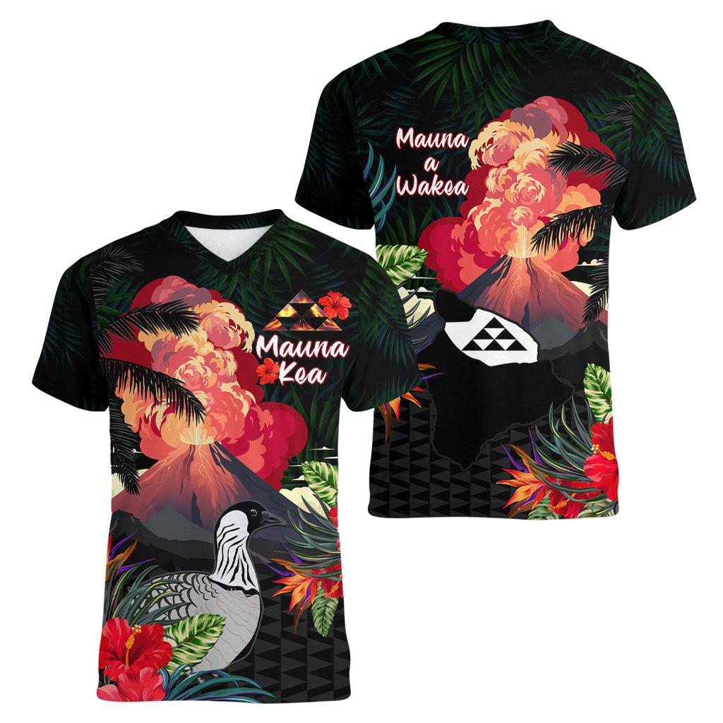Hawaii Mauna Kea Women V Neck T Shirt White Mountain With Nene Tropical Vibes LT14 - Polynesian Pride