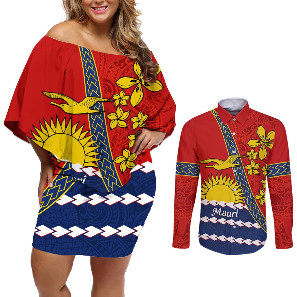 Personalised Mauri Kiribati Couples Matching Off Shoulder Short Dress and Long Sleeve Button Shirt Polynesian Ribaberiki Flag Style Mix Plumeria LT14 Red - Polynesian Pride