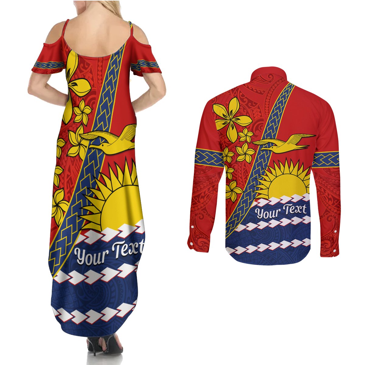 Personalised Mauri Kiribati Couples Matching Summer Maxi Dress and Long Sleeve Button Shirt Polynesian Ribaberiki Flag Style Mix Plumeria LT14 - Polynesian Pride