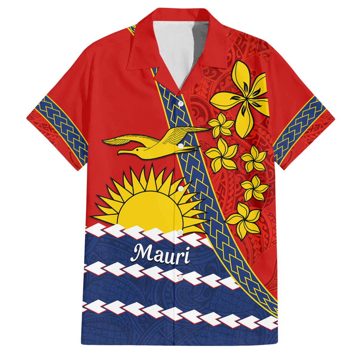 Personalised Mauri Kiribati Family Matching Tank Maxi Dress and Hawaiian Shirt Polynesian Ribaberiki Flag Style Mix Plumeria LT14 Dad's Shirt - Short Sleeve Red - Polynesian Pride