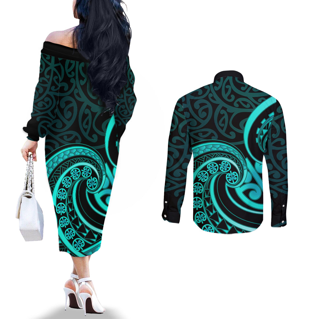 Turquoise New Zealand Mangopare Couples Matching Off The Shoulder Long Sleeve Dress and Long Sleeve Button Shirt Aotearoa Maori Koru Style LT14 - Polynesian Pride