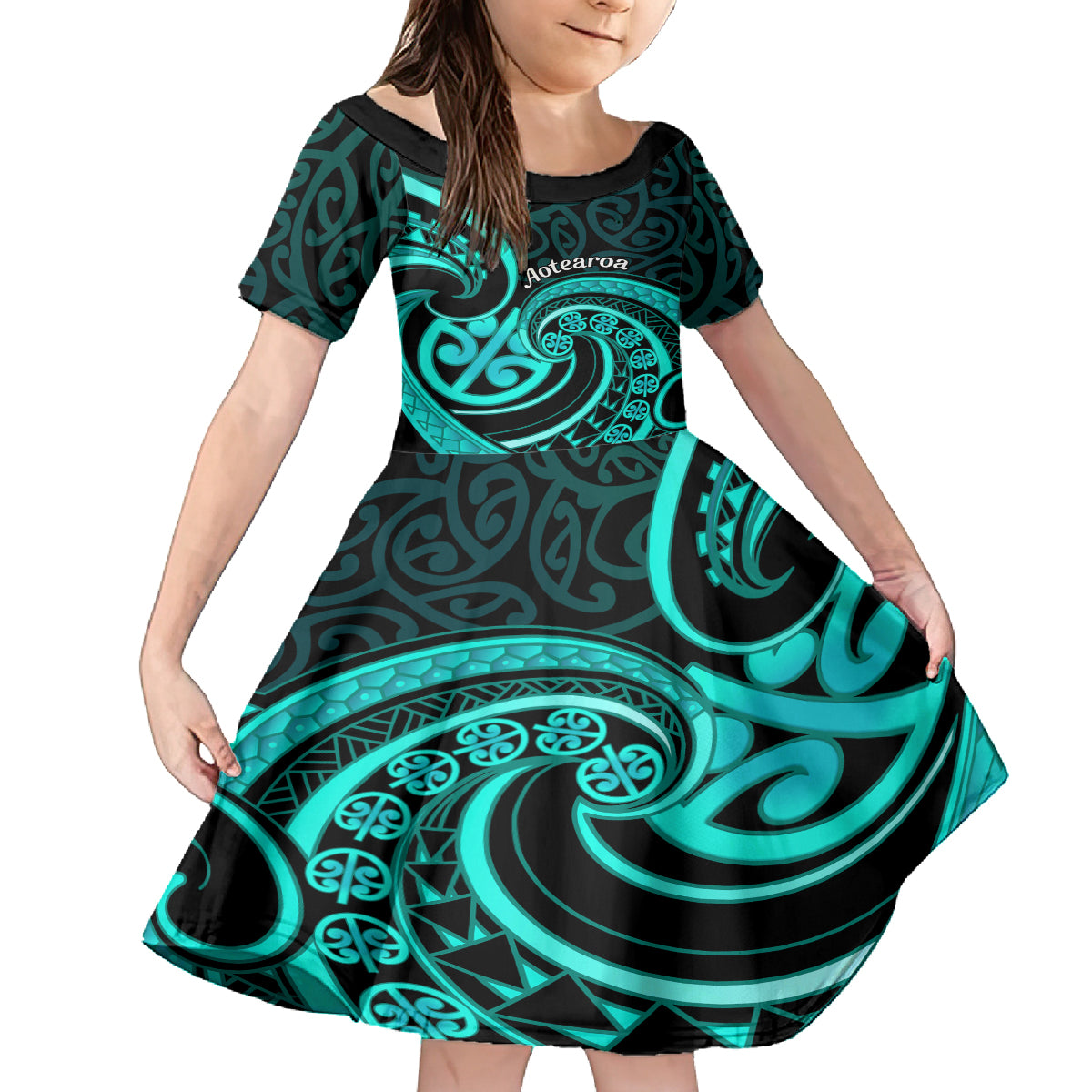 Turquoise New Zealand Mangopare Family Matching Off Shoulder Maxi Dress and Hawaiian Shirt Aotearoa Maori Koru Style LT14 Daughter's Dress Turquoise - Polynesian Pride