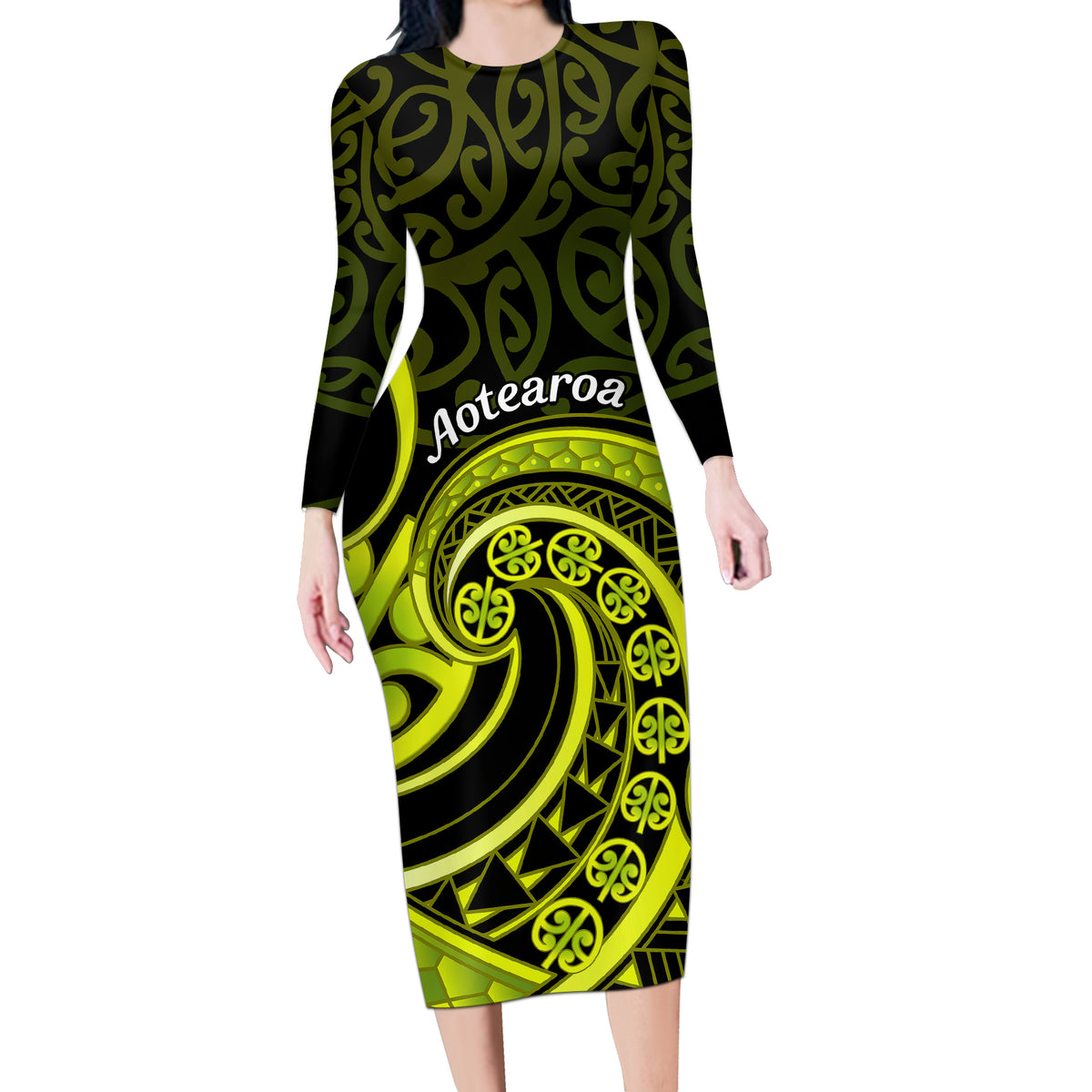 Lime Green New Zealand Mangopare Long Sleeve Bodycon Dress Aotearoa Maori Koru Style LT14 Long Dress Lime Green - Polynesian Pride