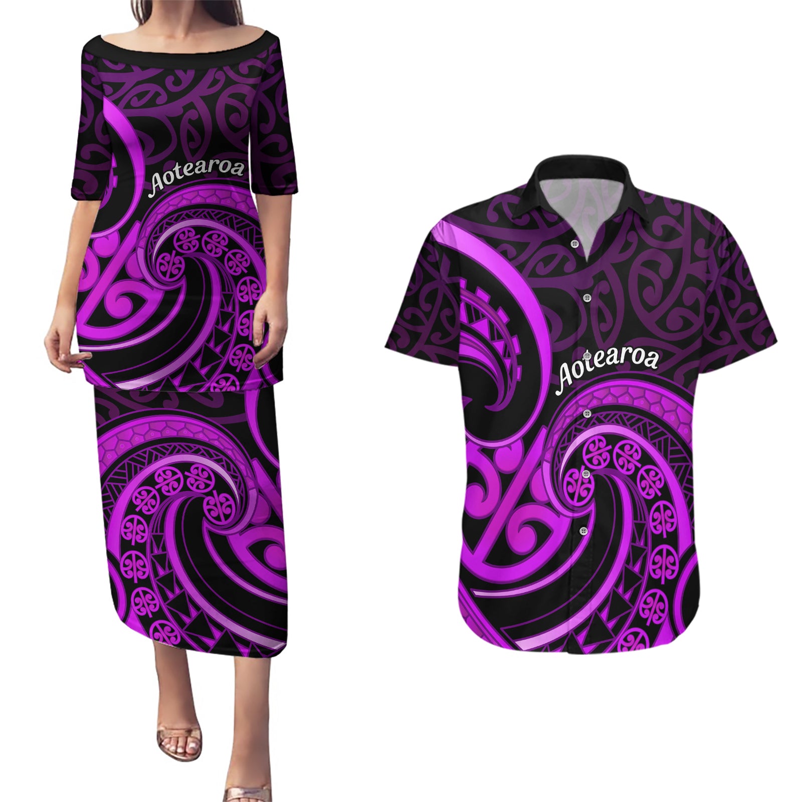 Purple Aotearoa Mangopare Couples Matching Puletasi and Hawaiian Shirt NZ Maori Koru Style LT14 Purple - Polynesian Pride