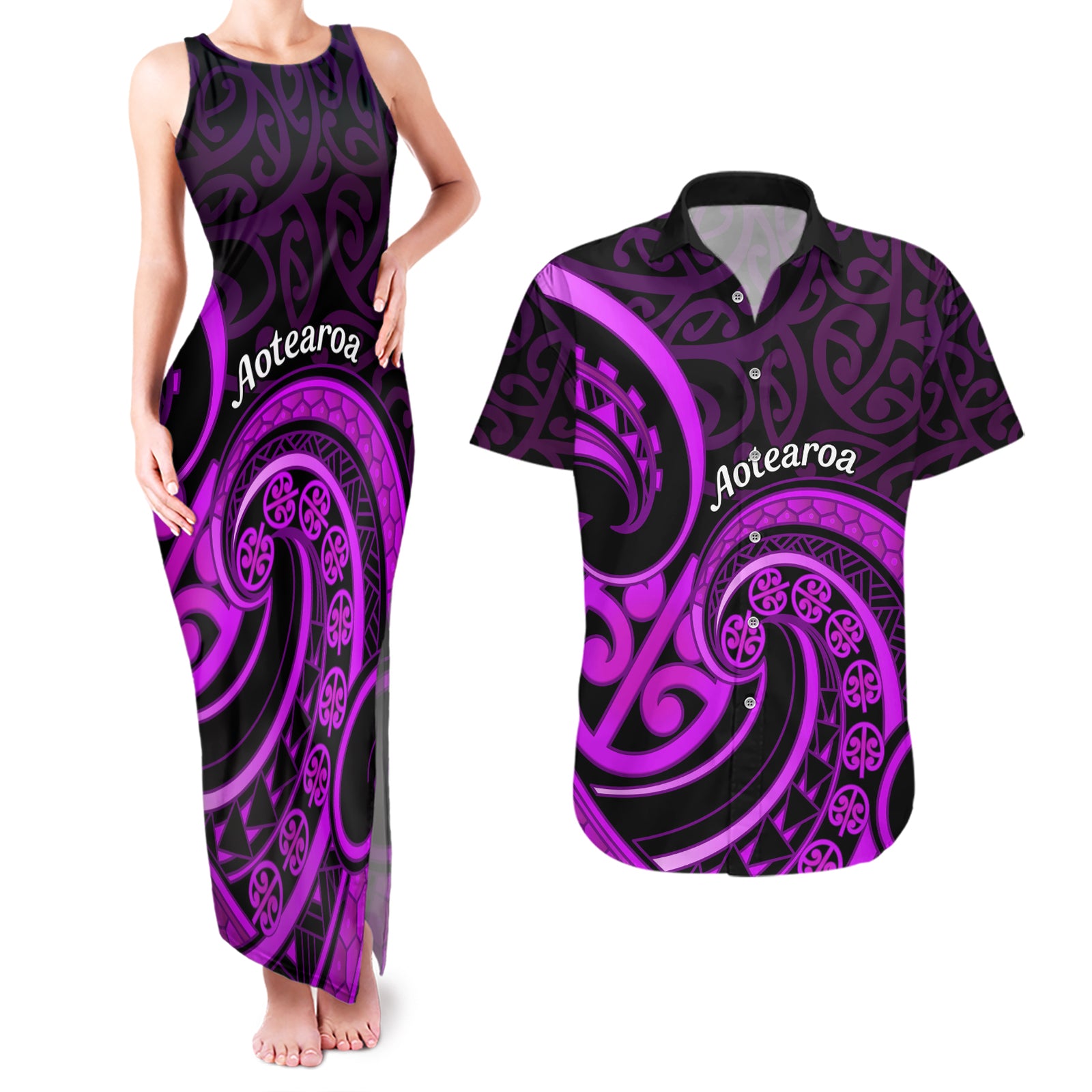 Purple Aotearoa Mangopare Couples Matching Tank Maxi Dress and Hawaiian Shirt NZ Maori Koru Style LT14 Purple - Polynesian Pride
