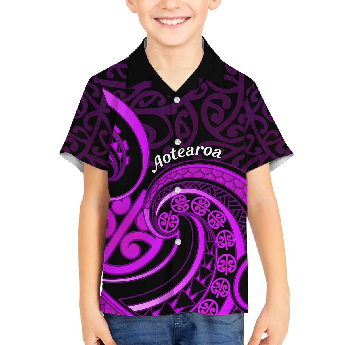 Purple Aotearoa Mangopare Family Matching Summer Maxi Dress and Hawaiian Shirt NZ Maori Koru Style LT14 Son's Shirt Purple - Polynesian Pride