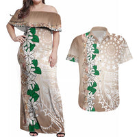 Cook Islands Tiare Maori With Conch Shell Couples Matching Off Shoulder Maxi Dress and Hawaiian Shirt 2025 Pasifika Polynesian Tattoo LT14 Brown - Polynesian Pride