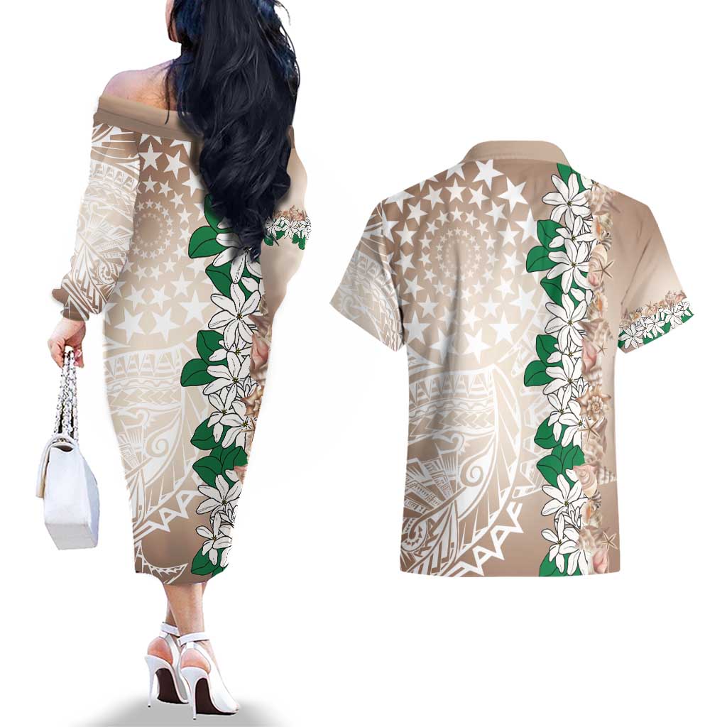 Cook Islands Tiare Maori With Conch Shell Couples Matching Off The Shoulder Long Sleeve Dress and Hawaiian Shirt 2025 Pasifika Polynesian Tattoo LT14 - Polynesian Pride