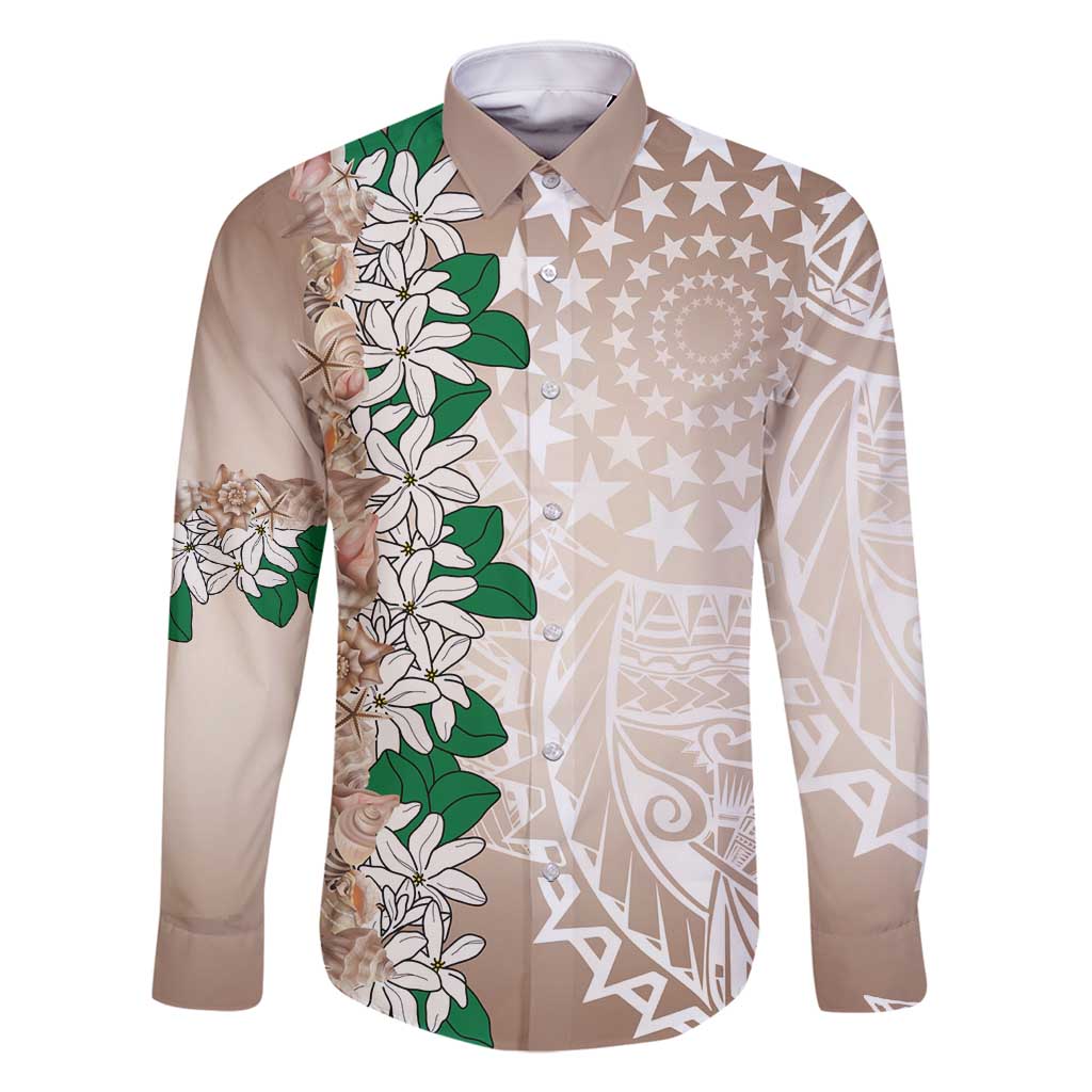 Cook Islands Tiare Maori With Conch Shell Family Matching Off Shoulder Maxi Dress and Hawaiian Shirt 2025 Pasifika Polynesian Tattoo LT14 Dad's Shirt - Long Sleeve Brown - Polynesian Pride