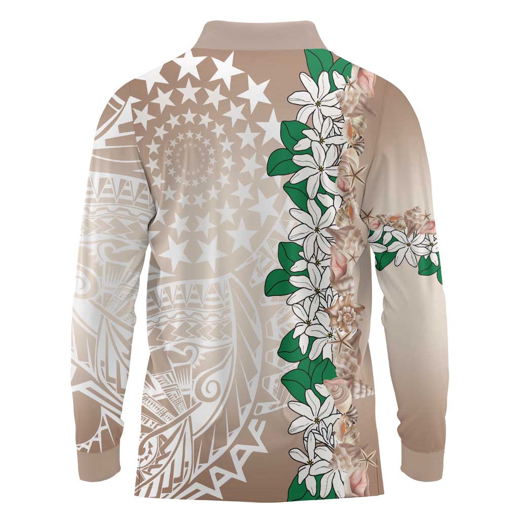 Cook Islands Tiare Maori With Conch Shell Long Sleeve Polo Shirt 2025 Pasifika Polynesian Tattoo