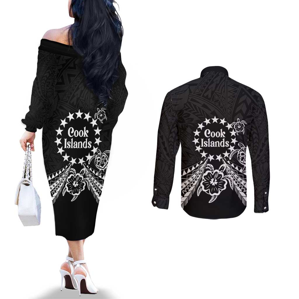 Kia Orana Cook Islands Couples Matching Off The Shoulder Long Sleeve Dress and Long Sleeve Button Shirt 2025 Pasifika Polynesian Turtle Black Color