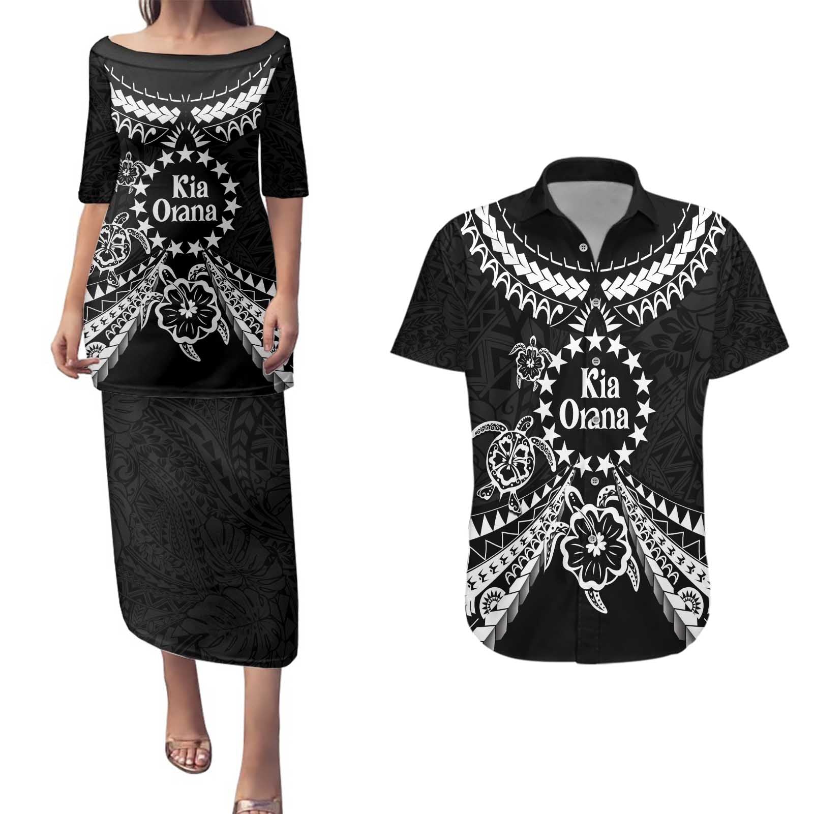 Kia Orana Cook Islands Couples Matching Puletasi and Hawaiian Shirt 2025 Pasifika Polynesian Turtle Black Color