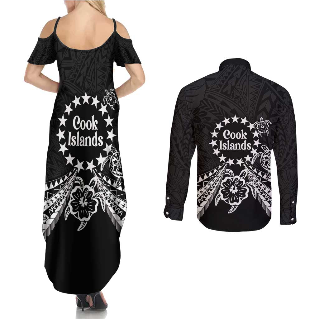 Kia Orana Cook Islands Couples Matching Summer Maxi Dress and Long Sleeve Button Shirt 2025 Pasifika Polynesian Turtle Black Color