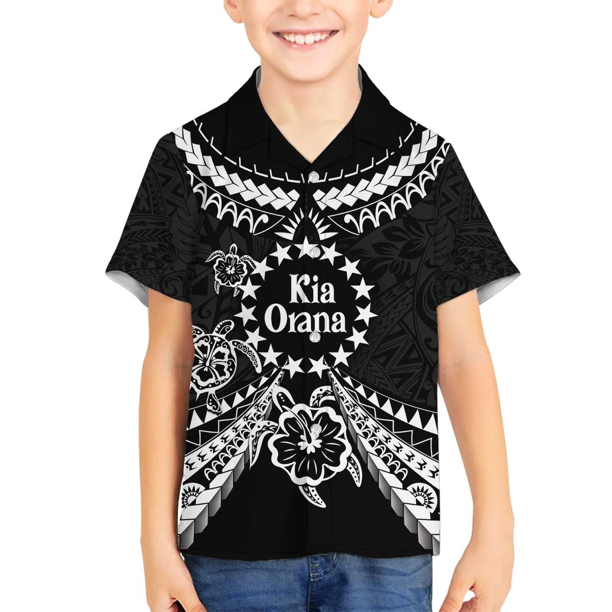 Kia Orana Cook Islands Family Matching Off The Shoulder Long Sleeve Dress and Hawaiian Shirt 2025 Pasifika Polynesian Turtle Black Color LT14 Son's Shirt Black - Polynesian Pride