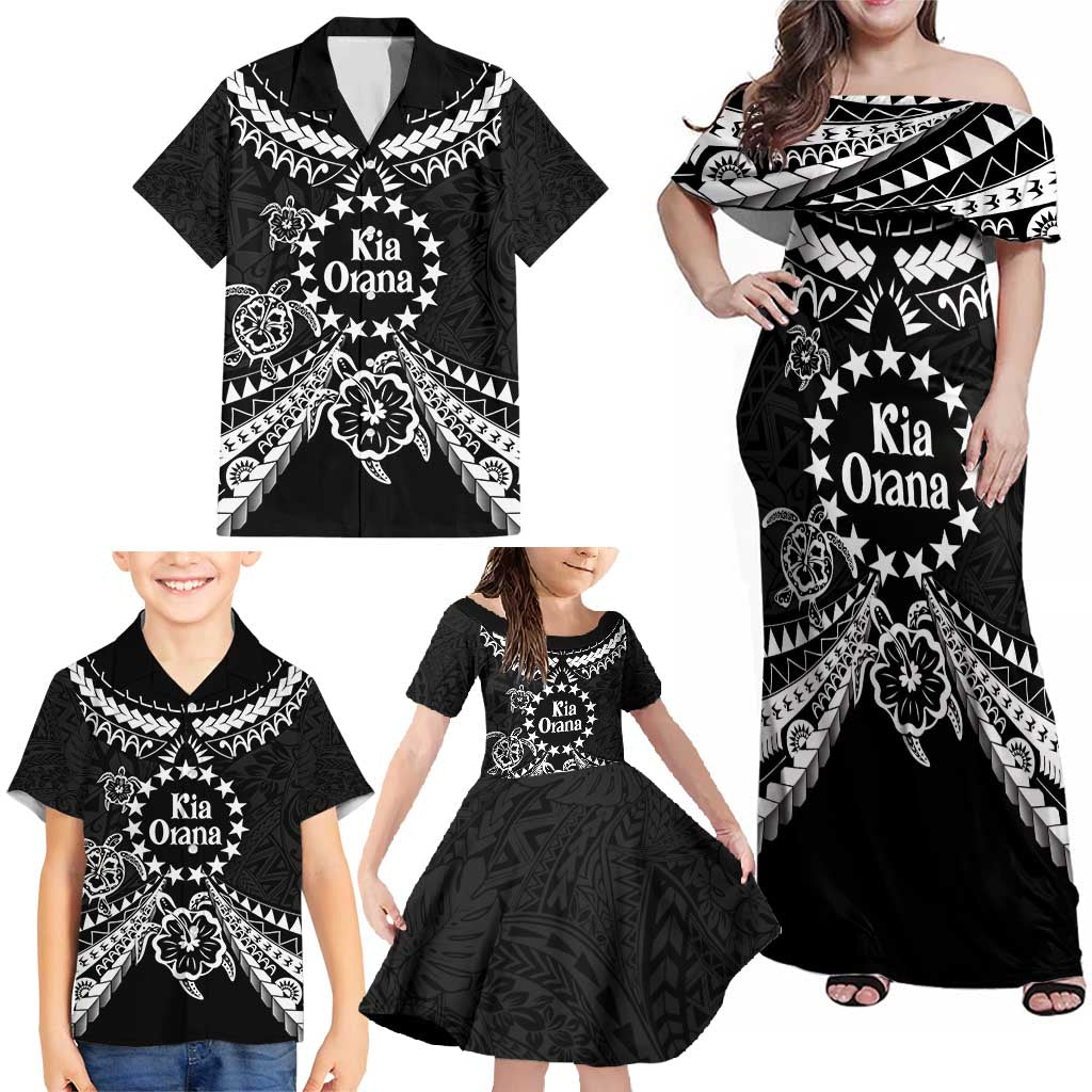 Kia Orana Cook Islands Family Matching Off Shoulder Maxi Dress and Hawaiian Shirt 2025 Pasifika Polynesian Turtle Black Color LT14 - Polynesian Pride