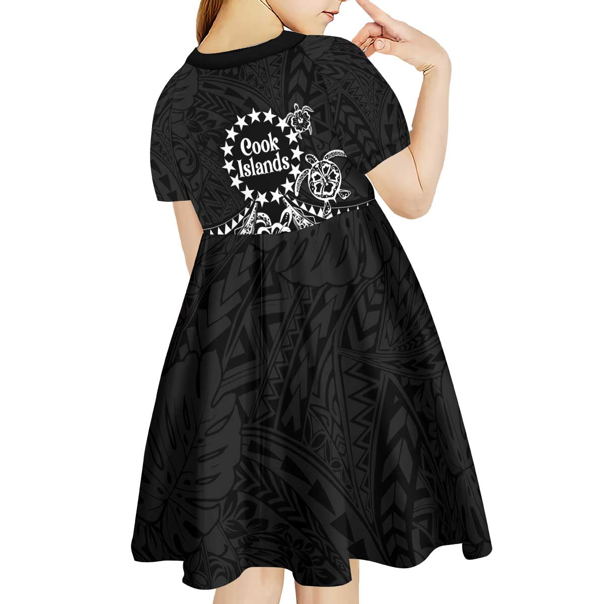 Kia Orana Cook Islands Kid Short Sleeve Dress 2025 Pasifika Polynesian Turtle Black Color