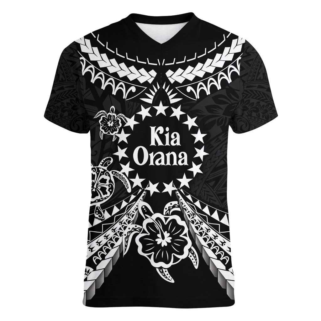 Kia Orana Cook Islands Women V-Neck T-Shirt 2025 Pasifika Polynesian Turtle Black Color