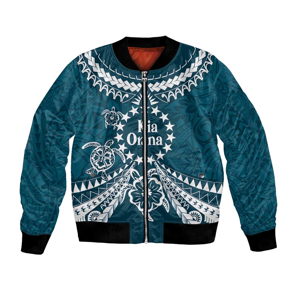 Kia Orana Cook Islands Bomber Jacket Polynesian Turtle Crowberry Blue Color