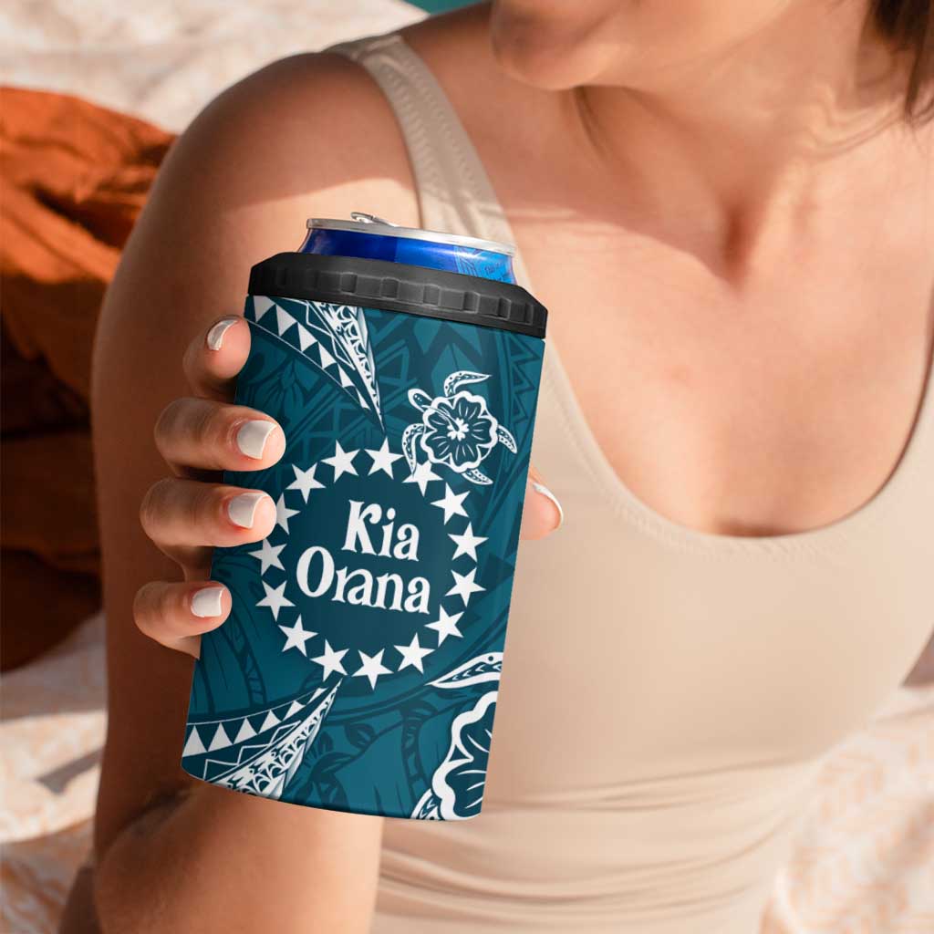 Kia Orana Cook Islands 4 in 1 Can Cooler Tumbler Polynesian Turtle Crowberry Blue Color