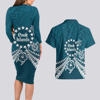 Kia Orana Cook Islands Couples Matching Long Sleeve Bodycon Dress and Hawaiian Shirt Polynesian Turtle Crowberry Blue Color LT14 - Polynesian Pride