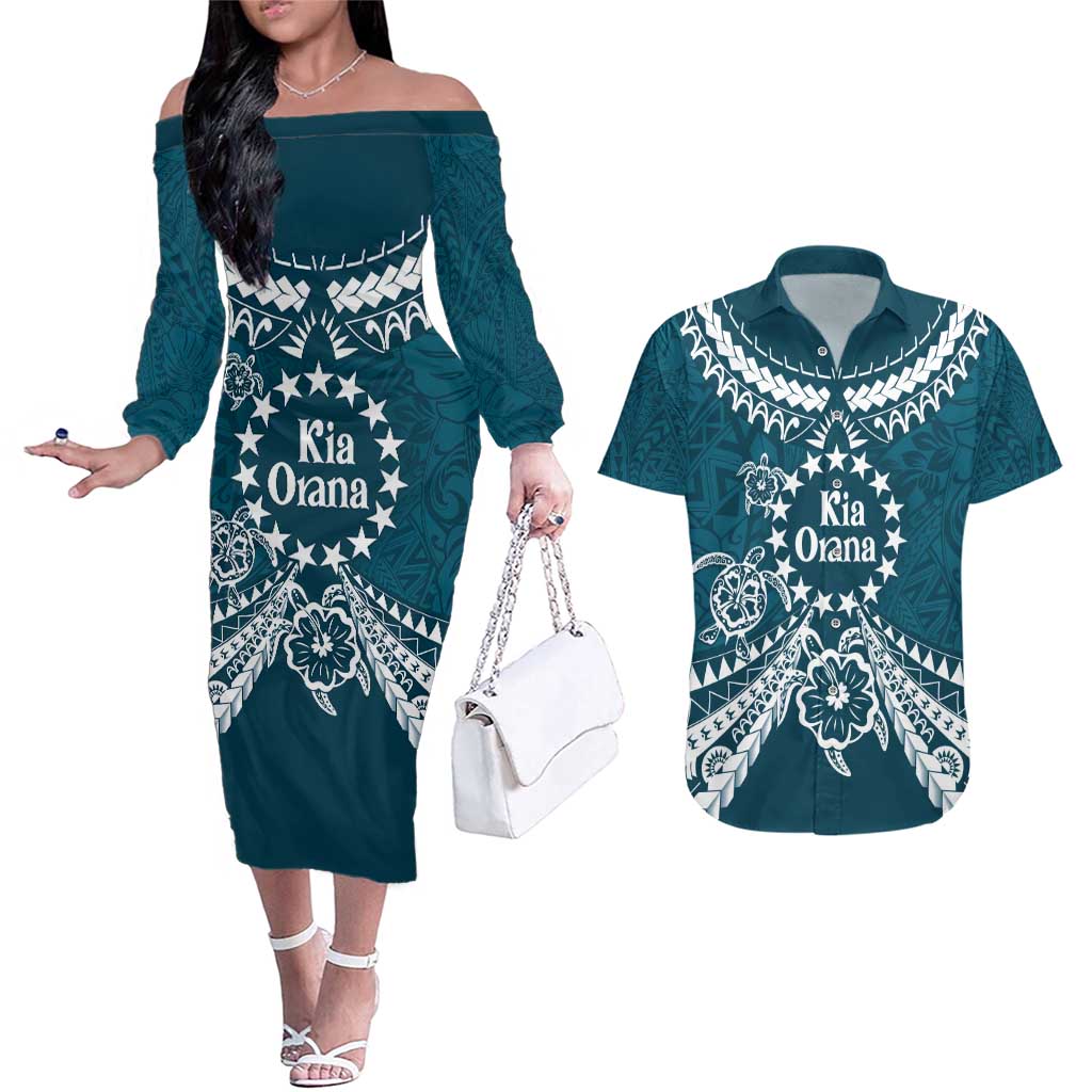 Kia Orana Cook Islands Couples Matching Off The Shoulder Long Sleeve Dress and Hawaiian Shirt Polynesian Turtle Crowberry Blue Color LT14 Crowberry Blue - Polynesian Pride