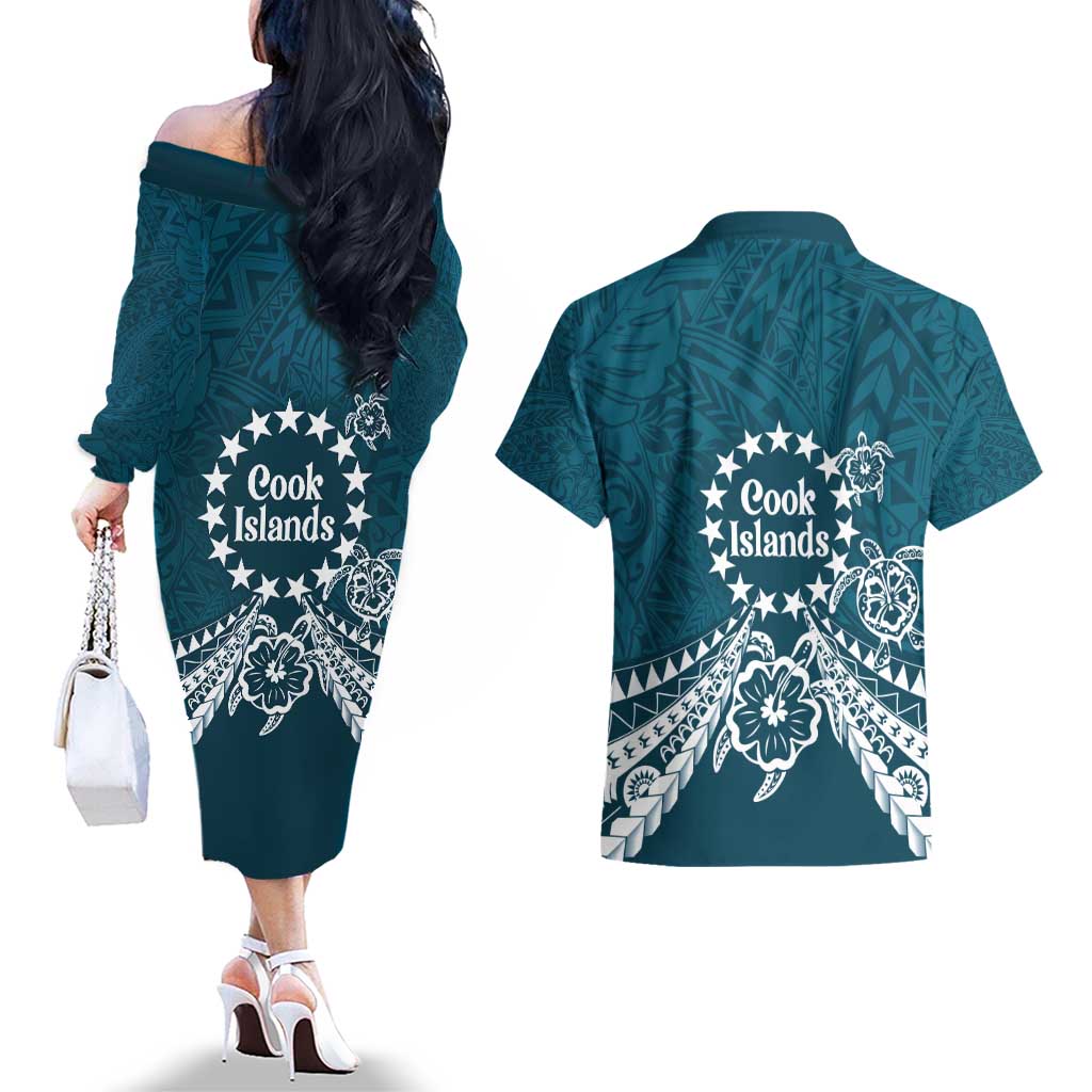 Kia Orana Cook Islands Couples Matching Off The Shoulder Long Sleeve Dress and Hawaiian Shirt Polynesian Turtle Crowberry Blue Color LT14 - Polynesian Pride