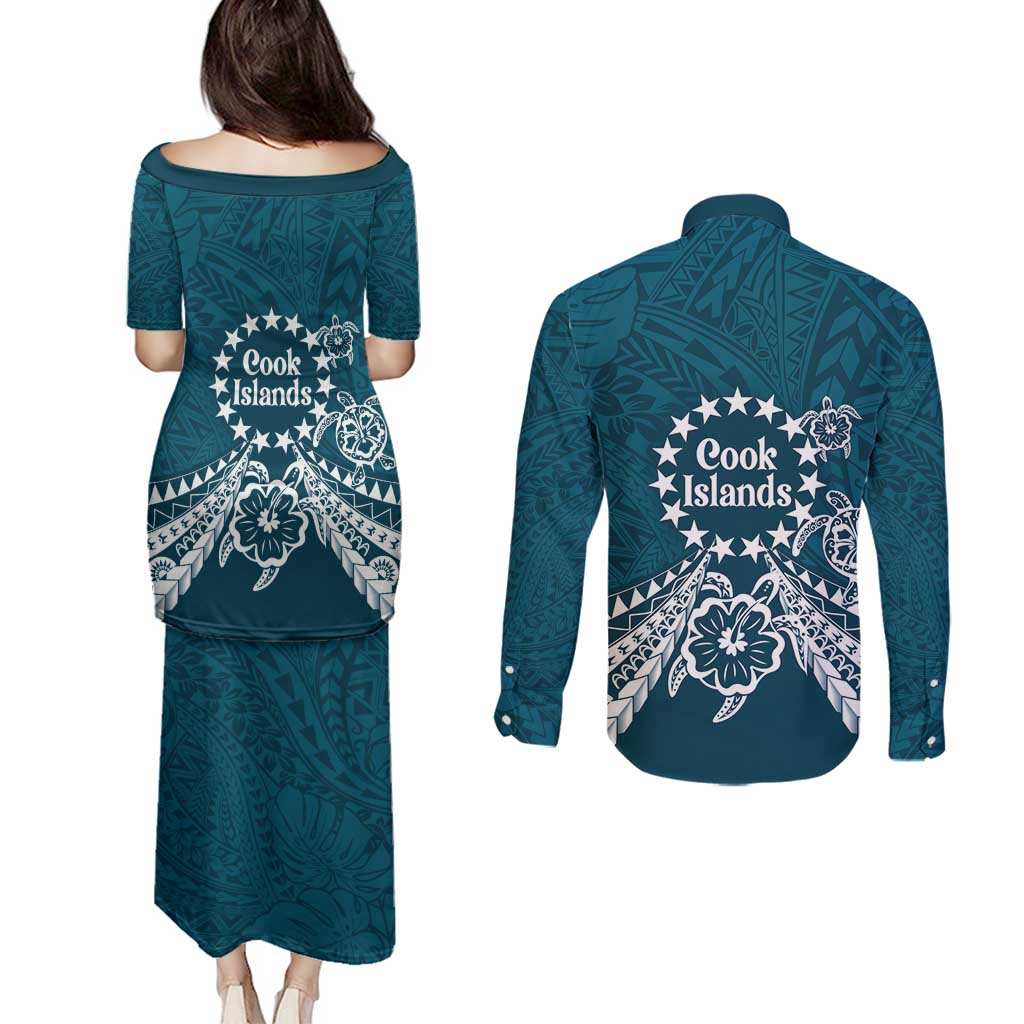 Kia Orana Cook Islands Couples Matching Puletasi and Long Sleeve Button Shirt Polynesian Turtle Crowberry Blue Color