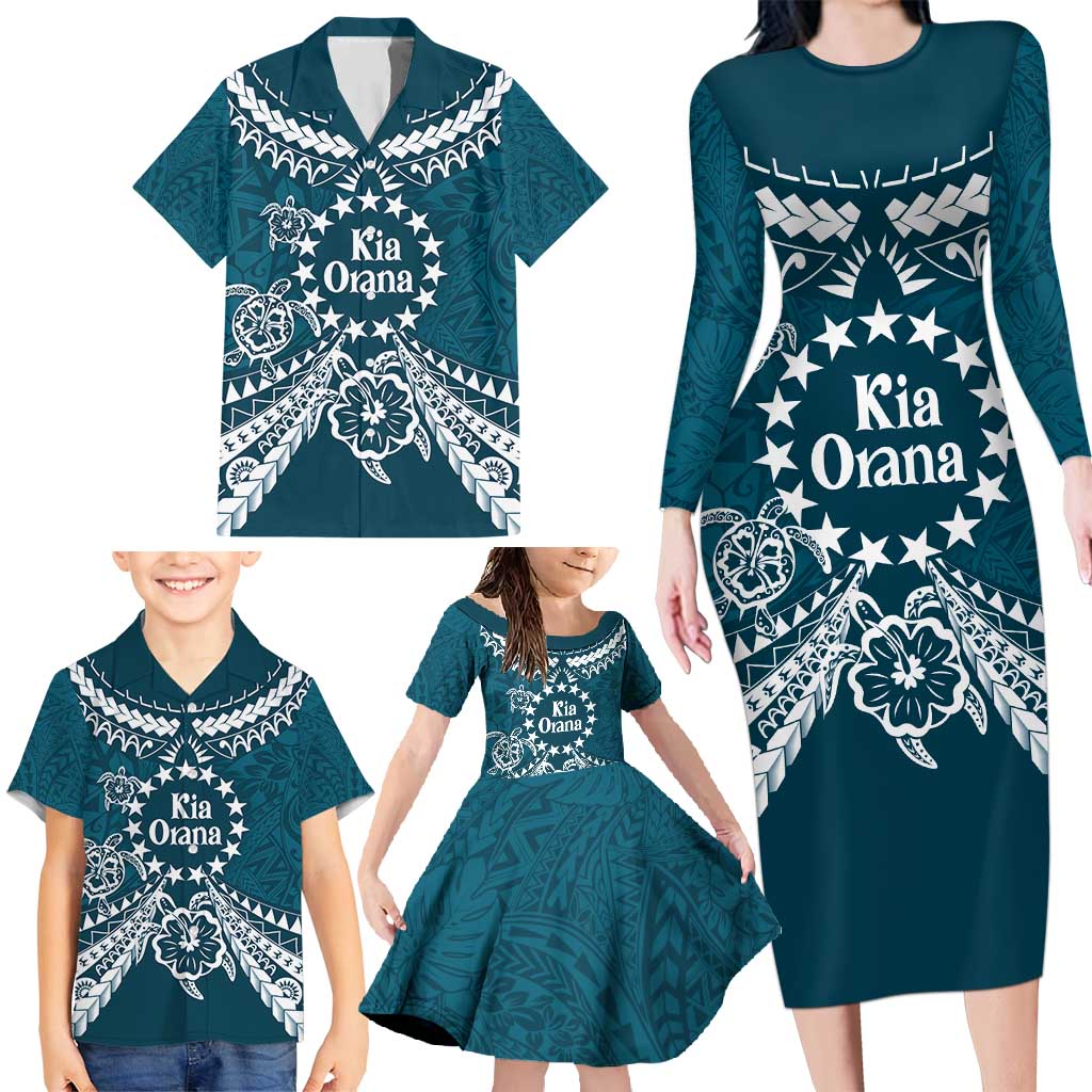 Kia Orana Cook Islands Family Matching Long Sleeve Bodycon Dress and Hawaiian Shirt Polynesian Turtle Crowberry Blue Color LT14 - Polynesian Pride