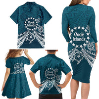Kia Orana Cook Islands Family Matching Long Sleeve Bodycon Dress and Hawaiian Shirt Polynesian Turtle Crowberry Blue Color LT14 - Polynesian Pride