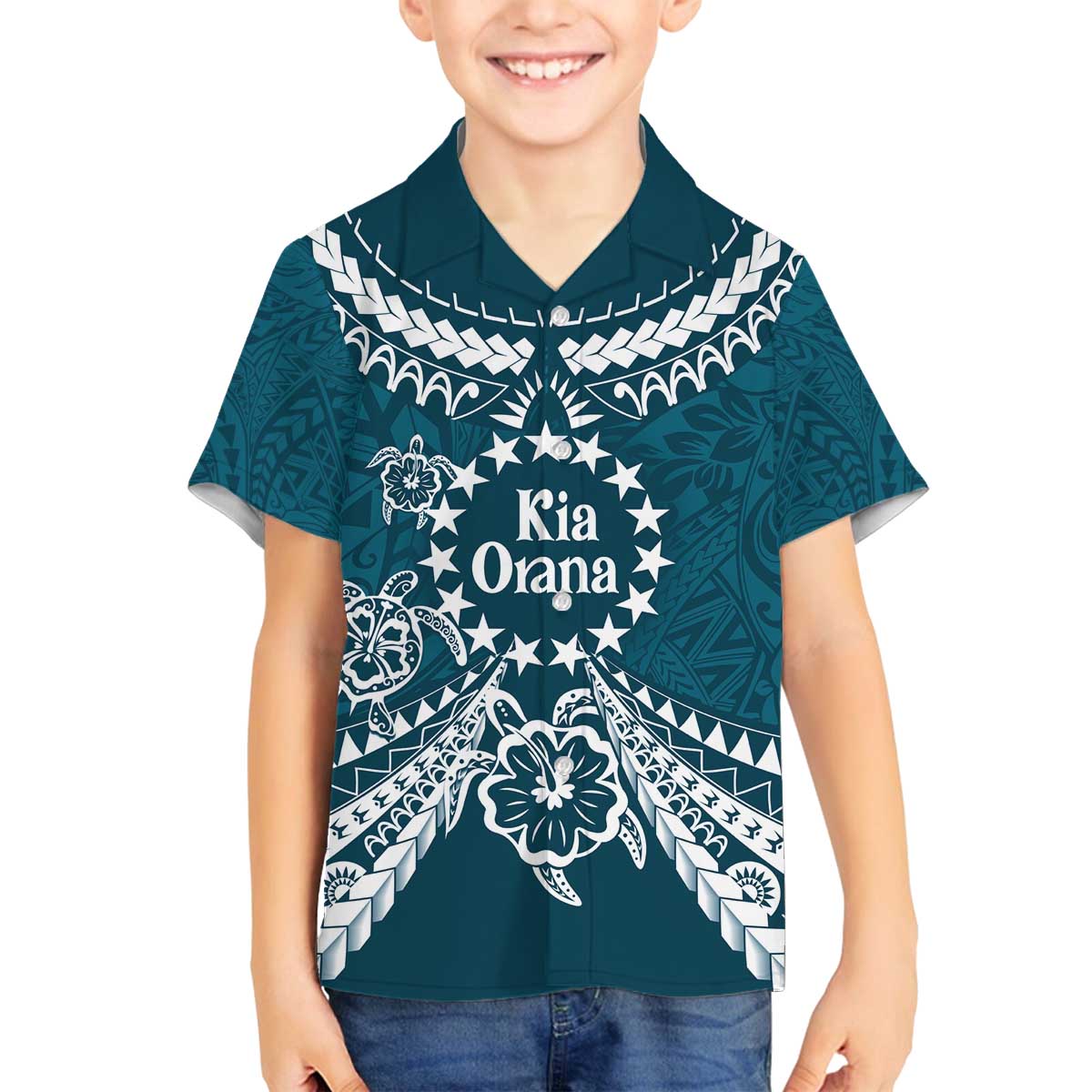 Kia Orana Cook Islands Family Matching Off The Shoulder Long Sleeve Dress and Hawaiian Shirt Polynesian Turtle Crowberry Blue Color LT14 Son's Shirt Crowberry Blue - Polynesian Pride
