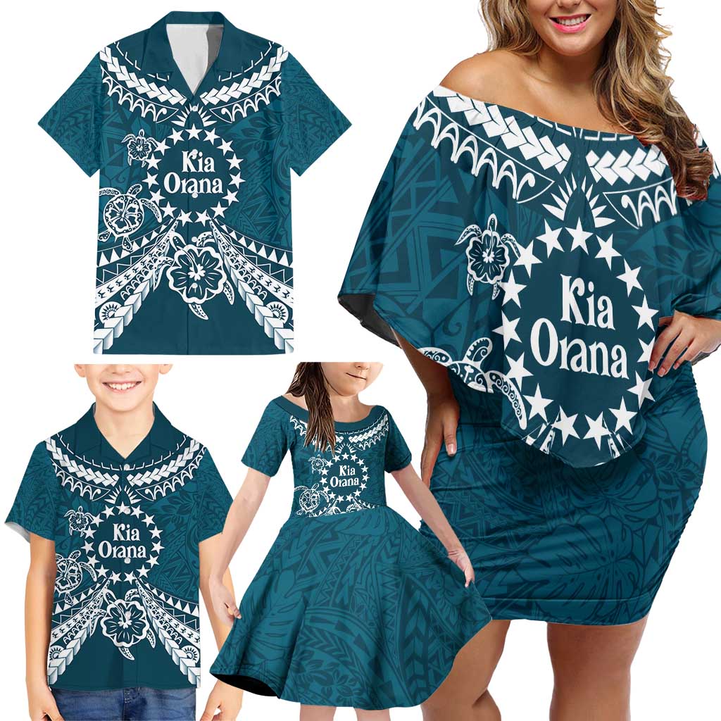 Kia Orana Cook Islands Family Matching Off Shoulder Short Dress and Hawaiian Shirt Polynesian Turtle Crowberry Blue Color LT14 - Polynesian Pride