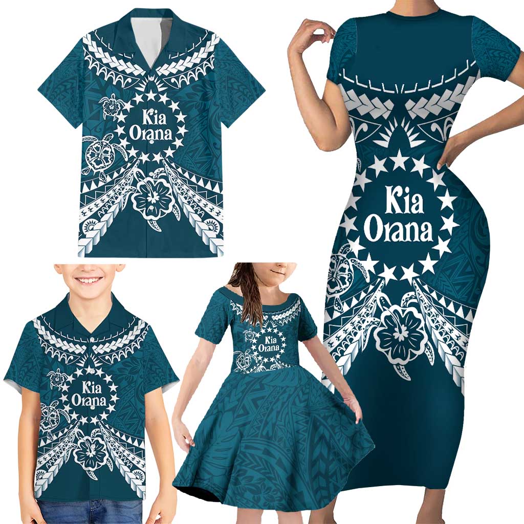 Kia Orana Cook Islands Family Matching Short Sleeve Bodycon Dress and Hawaiian Shirt Polynesian Turtle Crowberry Blue Color LT14 - Polynesian Pride