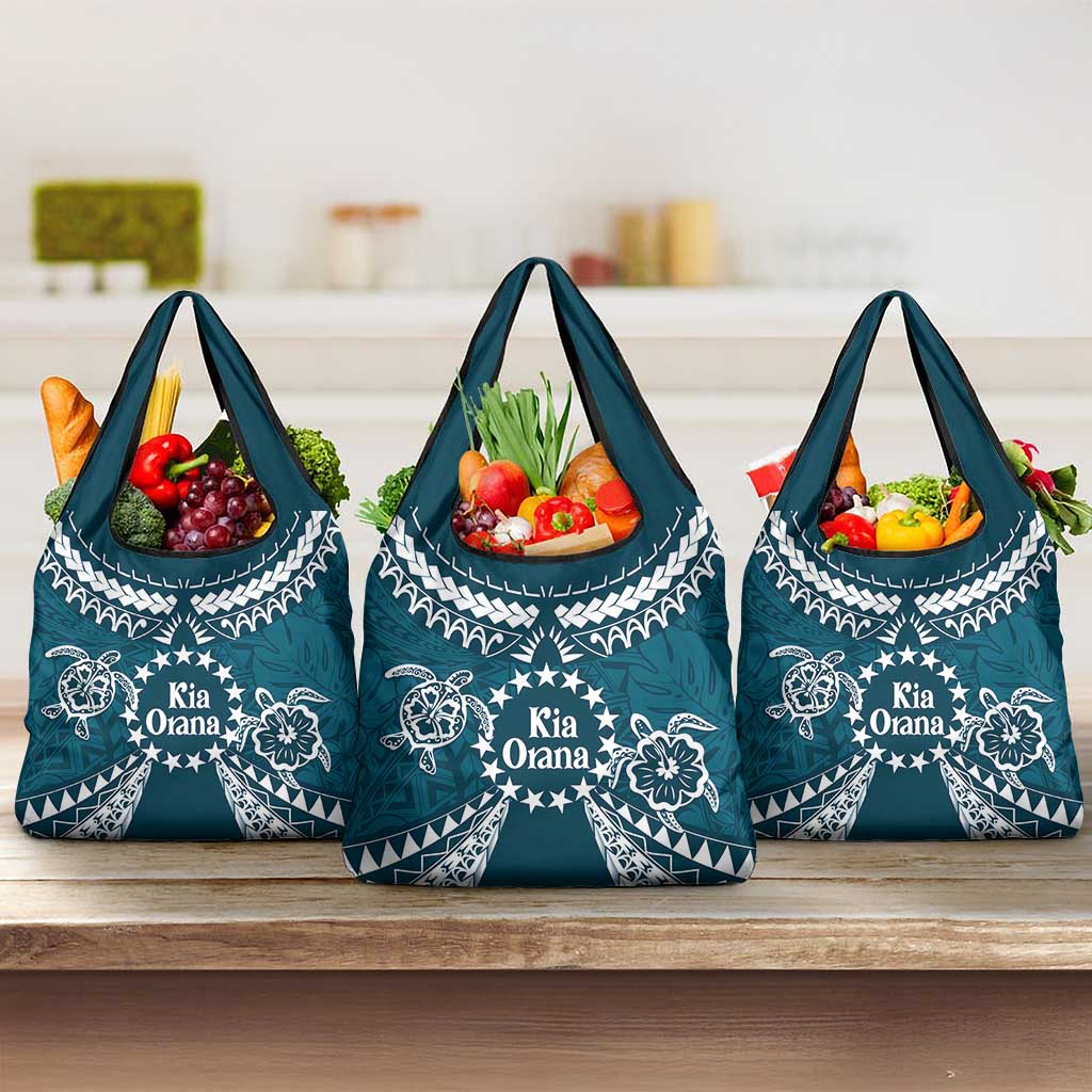 Kia Orana Cook Islands Grocery Bag Polynesian Turtle Crowberry Blue Color