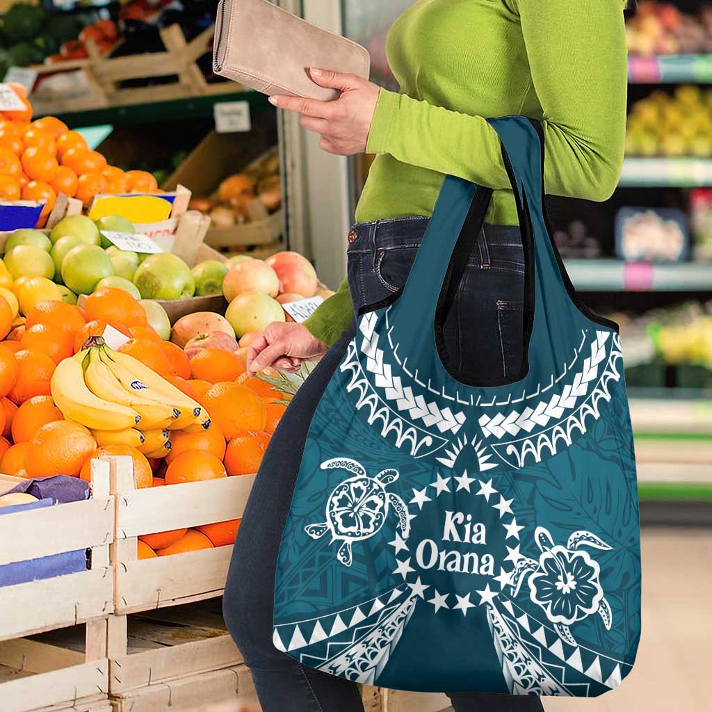 Kia Orana Cook Islands Grocery Bag Polynesian Turtle Crowberry Blue Color