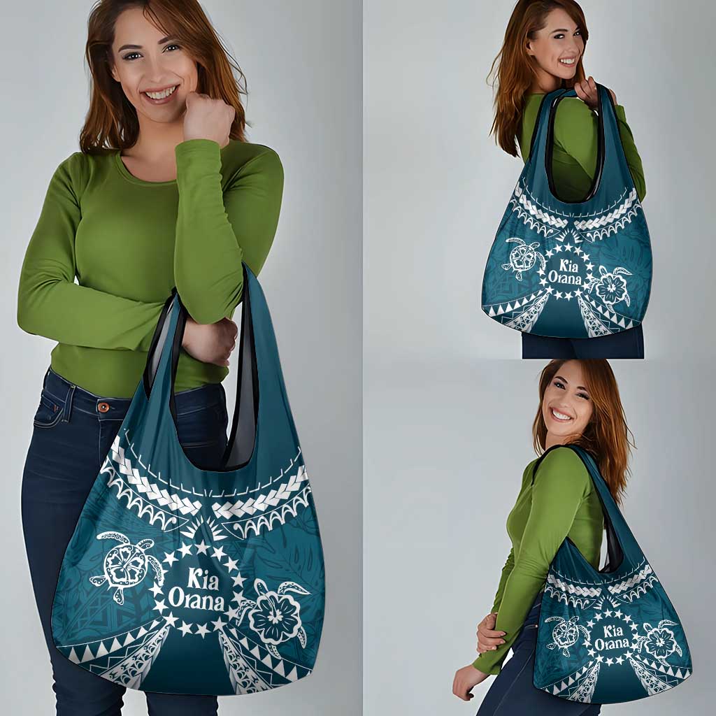 Kia Orana Cook Islands Grocery Bag Polynesian Turtle Crowberry Blue Color