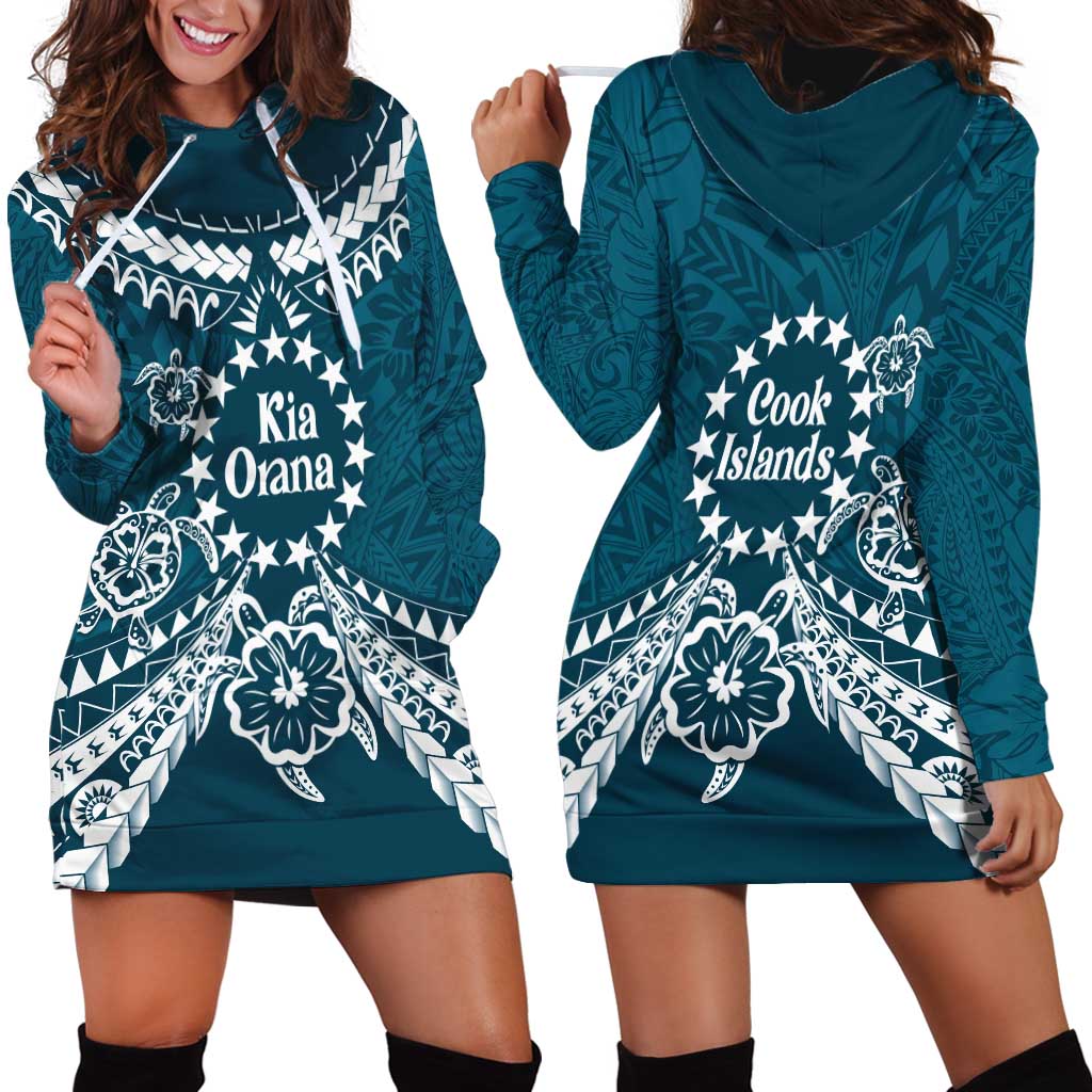 Kia Orana Cook Islands Hoodie Dress Polynesian Turtle Crowberry Blue Color