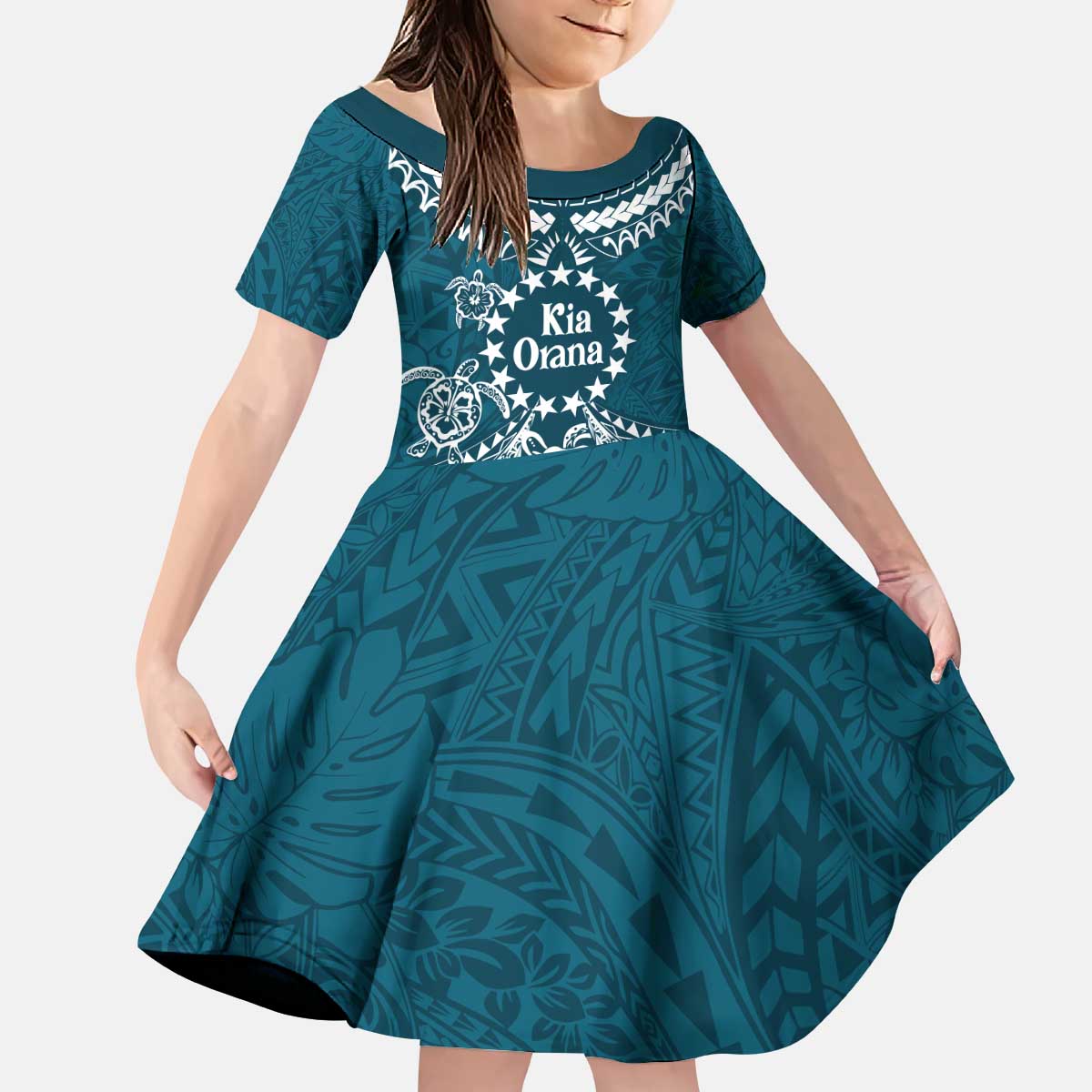Kia Orana Cook Islands Kid Short Sleeve Dress Polynesian Turtle Crowberry Blue Color