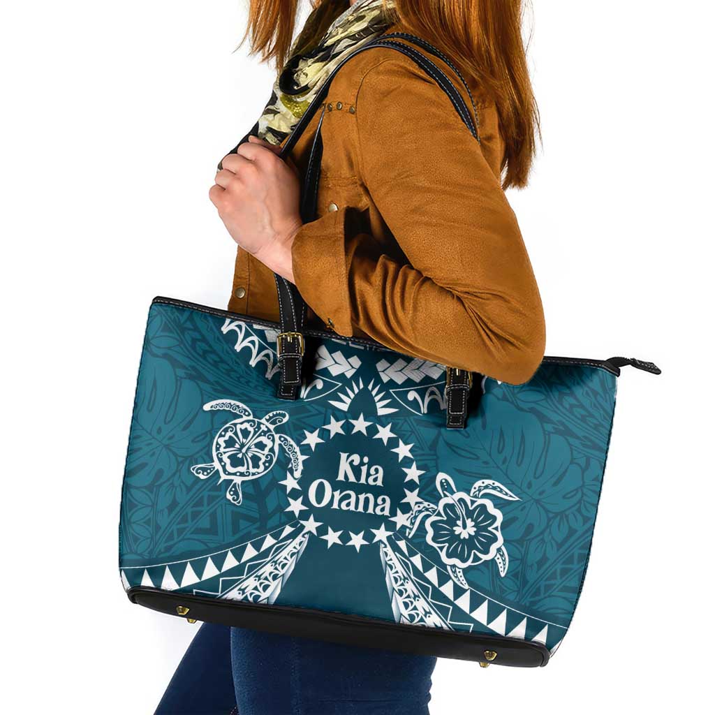 Kia Orana Cook Islands Leather Tote Bag Polynesian Turtle Crowberry Blue Color LT14 Crowberry Blue - Polynesian Pride