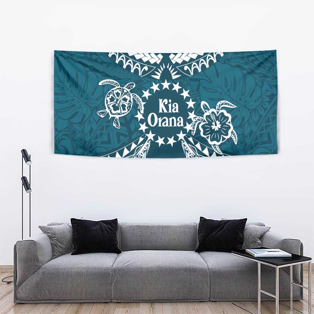 Kia Orana Cook Islands Tapestry Polynesian Turtle Crowberry Blue Color