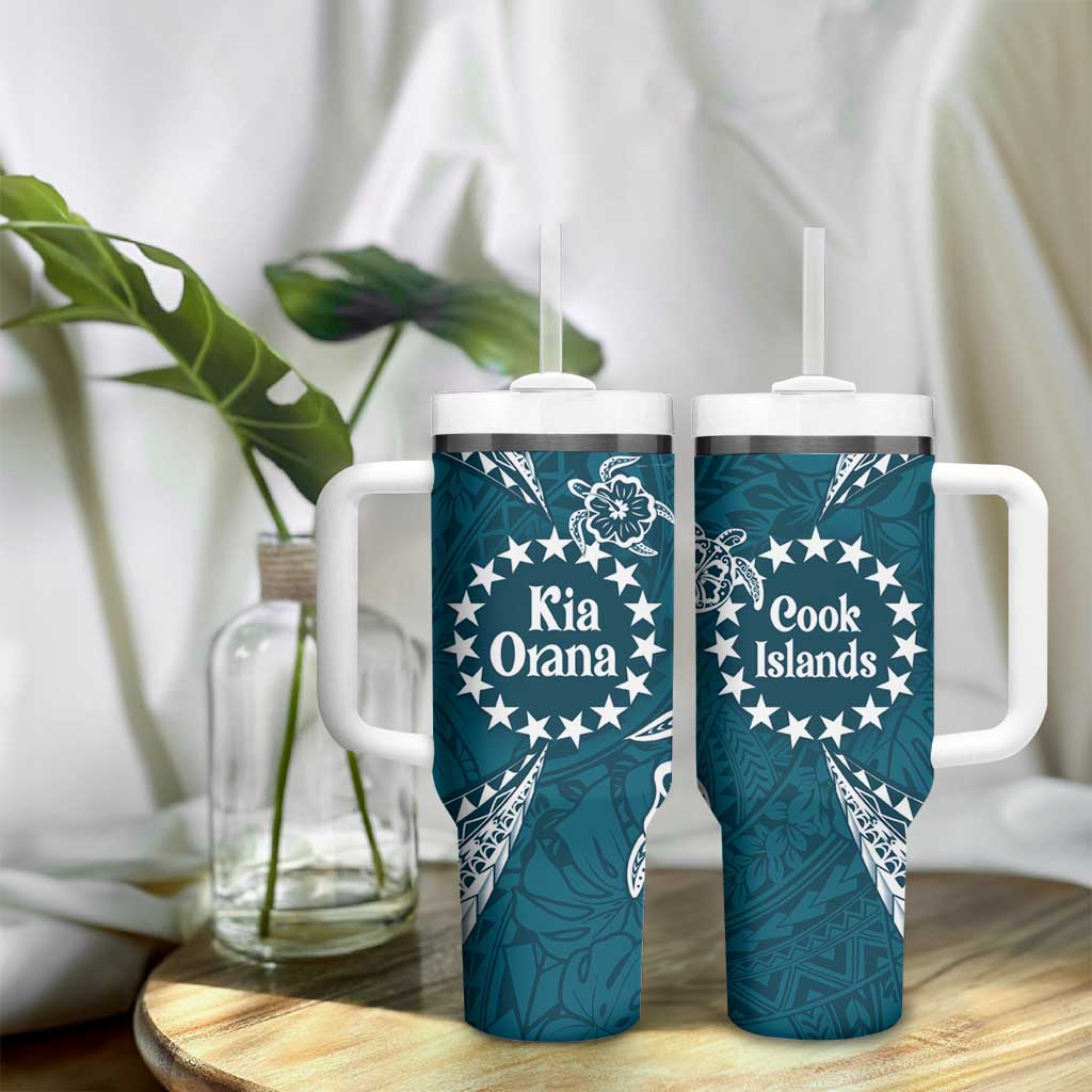 Kia Orana Cook Islands Tumbler With Handle Polynesian Turtle Crowberry Blue Color