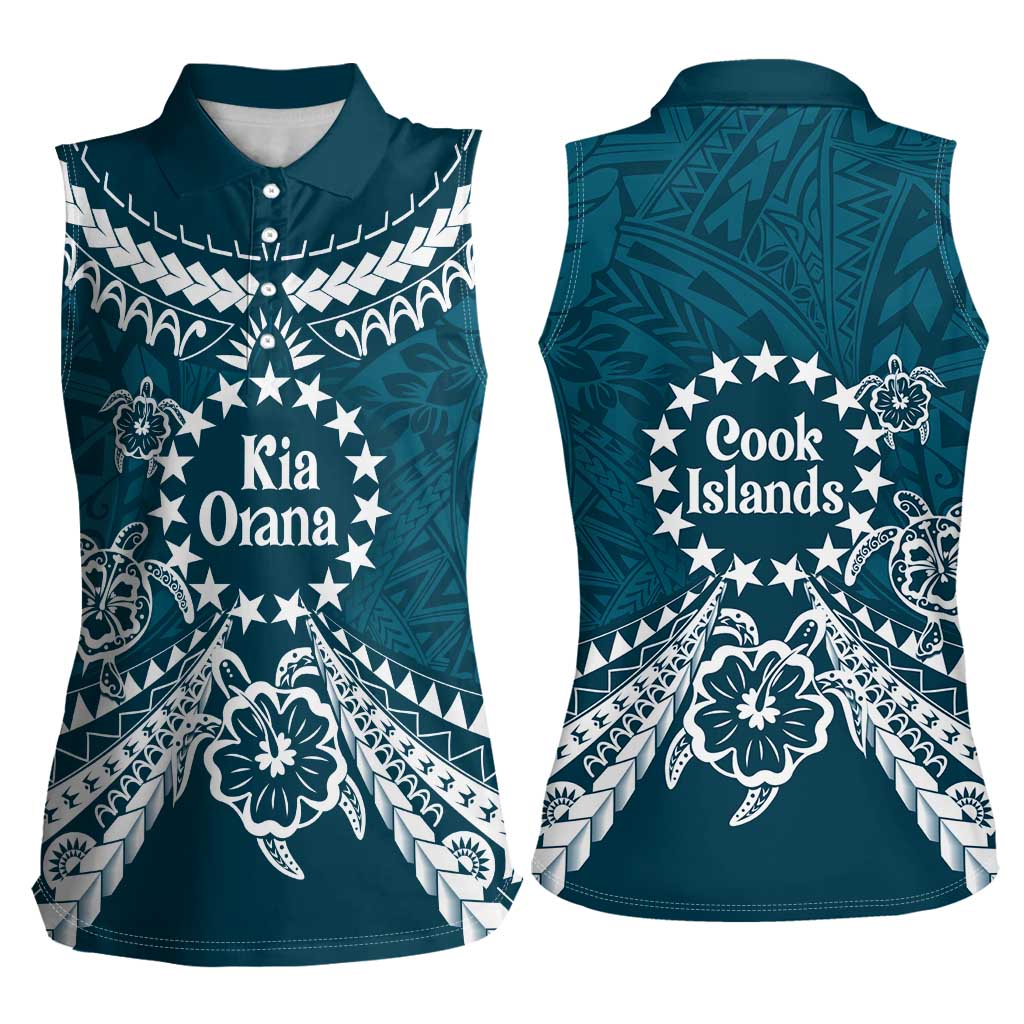 Kia Orana Cook Islands Women Sleeveless Polo Shirt Polynesian Turtle Crowberry Blue Color