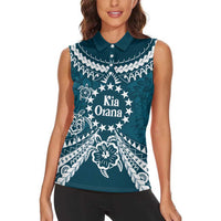Kia Orana Cook Islands Women Sleeveless Polo Shirt Polynesian Turtle Crowberry Blue Color