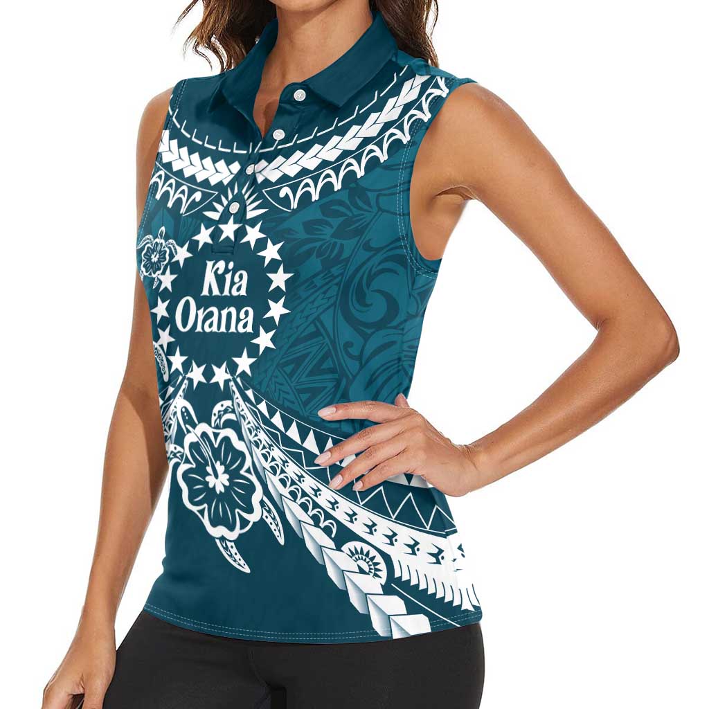 Kia Orana Cook Islands Women Sleeveless Polo Shirt Polynesian Turtle Crowberry Blue Color
