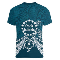 Kia Orana Cook Islands Women V-Neck T-Shirt Polynesian Turtle Crowberry Blue Color
