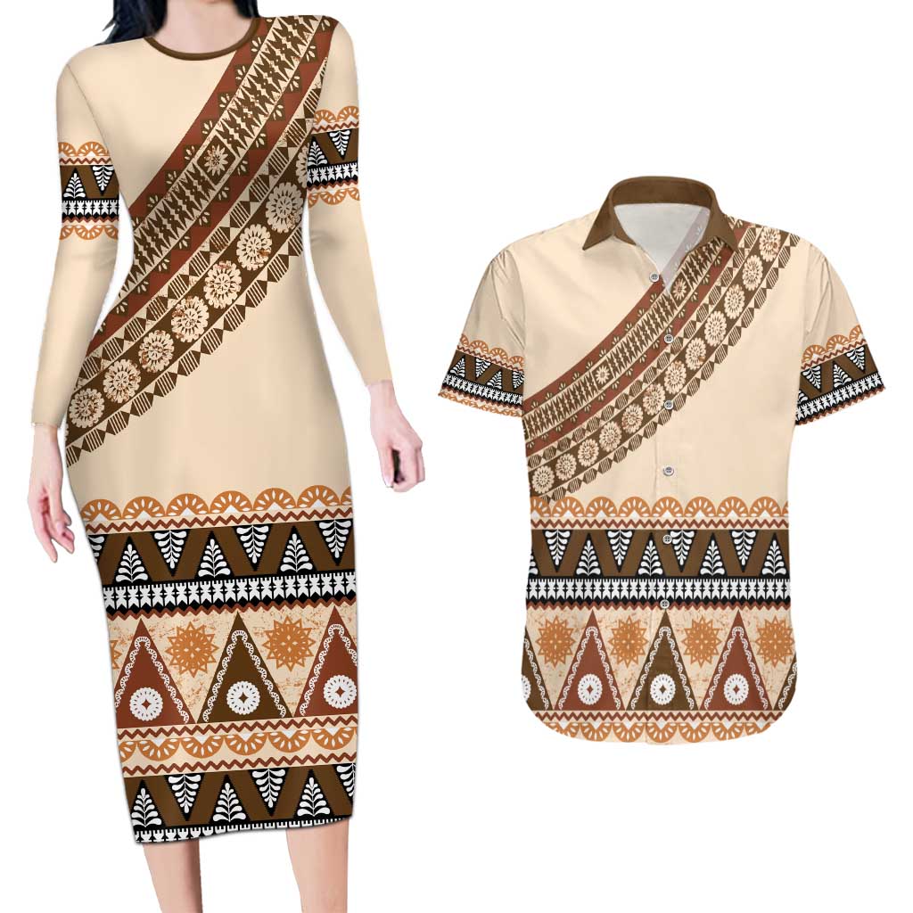 Bula Fiji Couples Matching Long Sleeve Bodycon Dress and Hawaiian Shirt 2025 Pasifika Traditional Fijian Masi LT14 Beige - Polynesian Pride