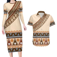 Bula Fiji Couples Matching Long Sleeve Bodycon Dress and Hawaiian Shirt 2025 Pasifika Traditional Fijian Masi LT14 Beige - Polynesian Pride